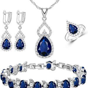 Women Jewelry Set Copper White Gold Plated Blue Sapphire Gift for Special Occasi